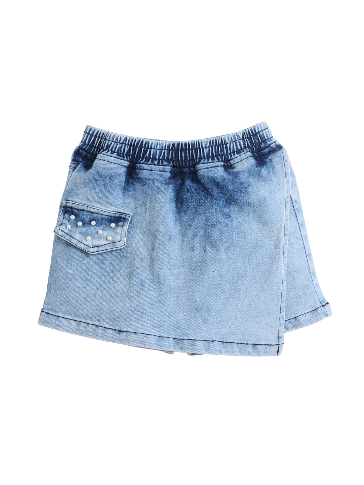 Girls Denim Skorts Set with Elegant Pearl Embellished Stylish Wrap Skorts Short