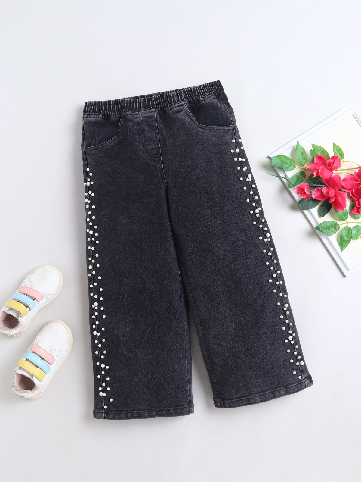 Bright Stars KIDSWEAR¬†Cotton Woven Pearl Embellished Jeans - Black