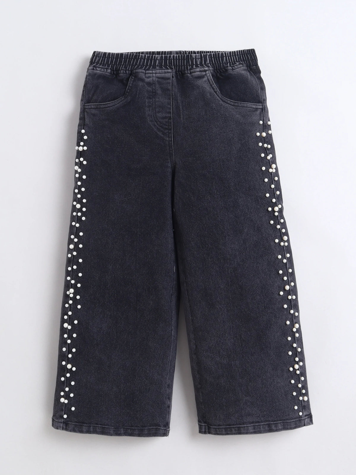 Bright Stars KIDSWEAR¬†Cotton Woven Pearl Embellished Jeans - Black