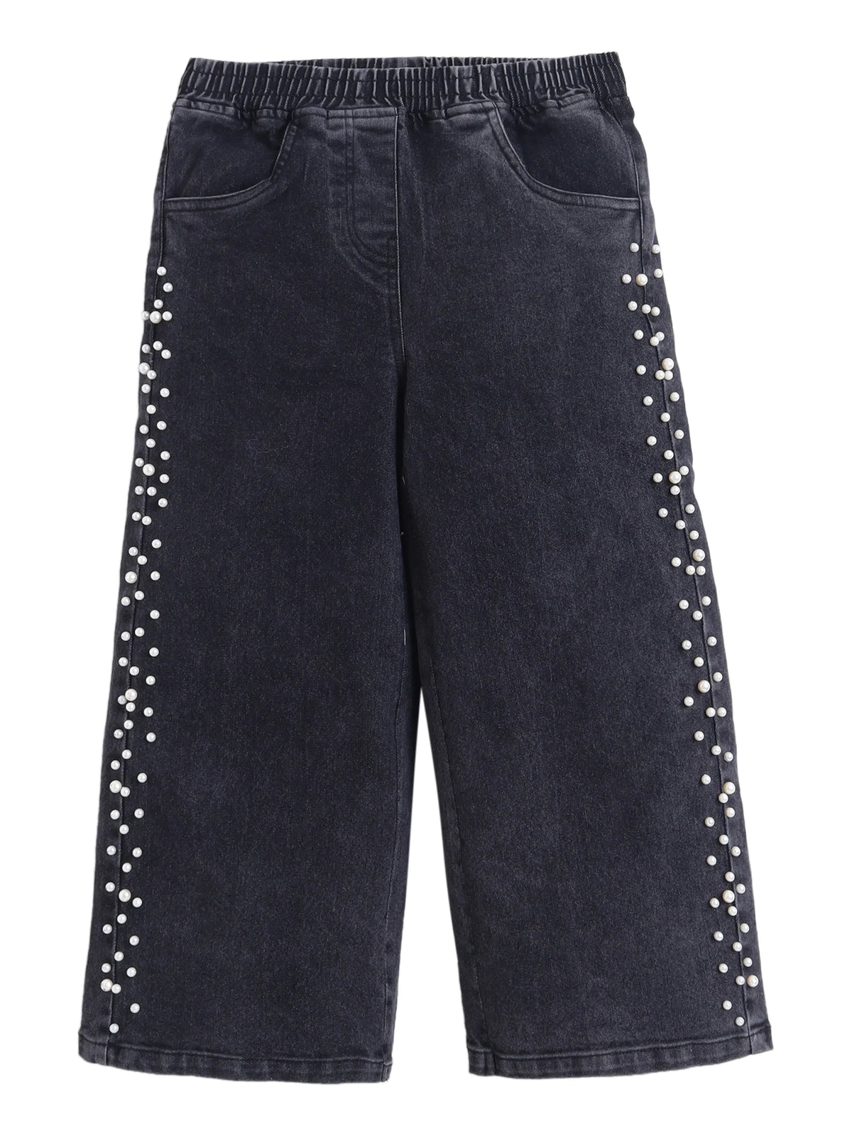 Bright Stars KIDSWEAR¬†Cotton Woven Pearl Embellished Jeans - Black