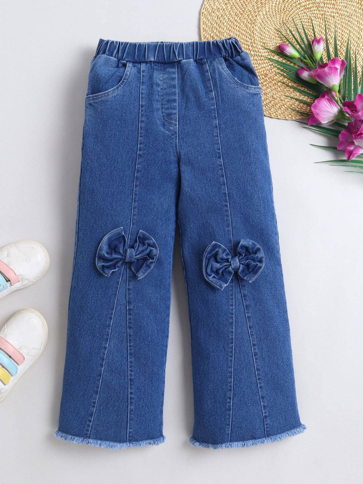 Bright Stars KIDSWEAR Denim Big Bow Wide Leg Freyed Hem Elasticated Jeans