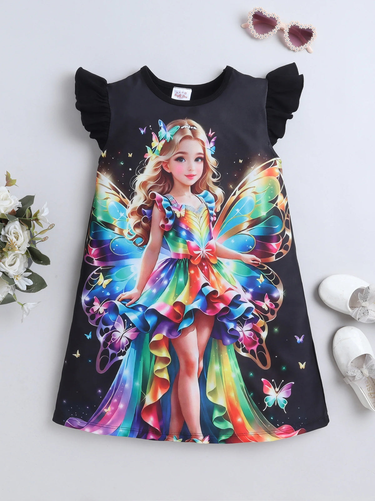 Bright Stars KIDSWEAR Knits Fantacy Princess Digital Printed Dress - Black