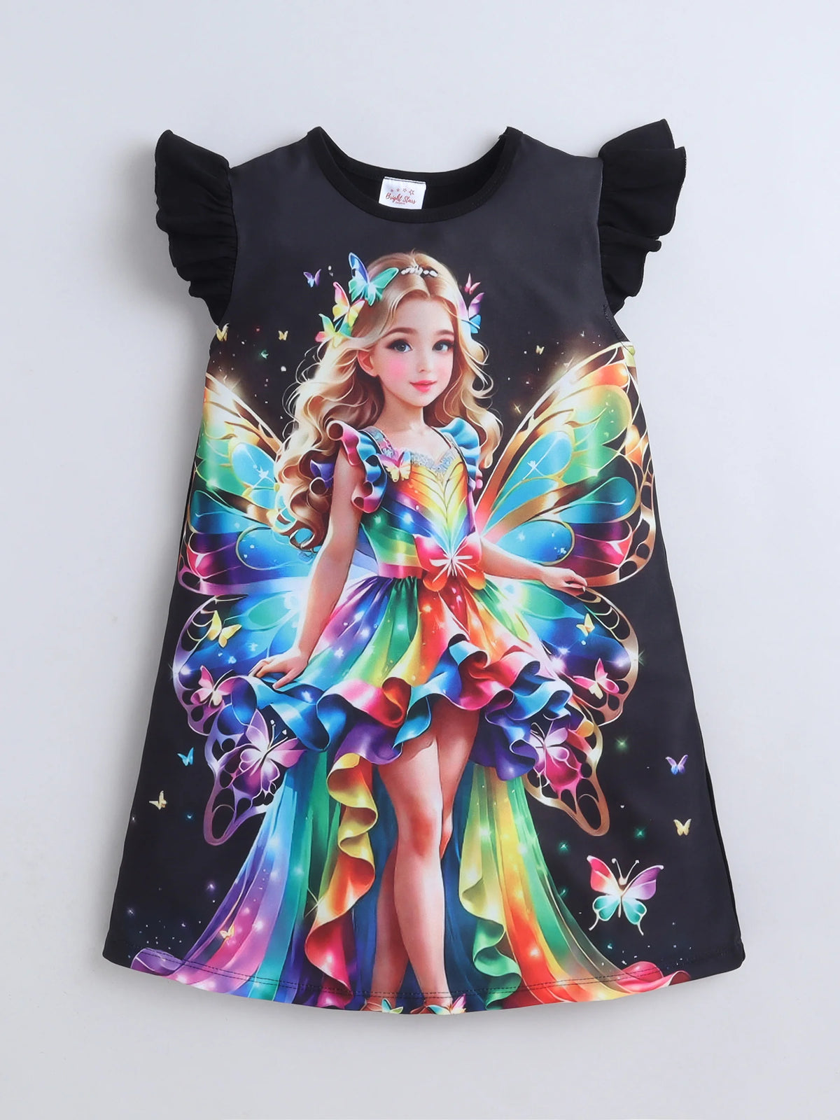 Bright Stars KIDSWEAR Knits Fantacy Princess Digital Printed Dress - Black