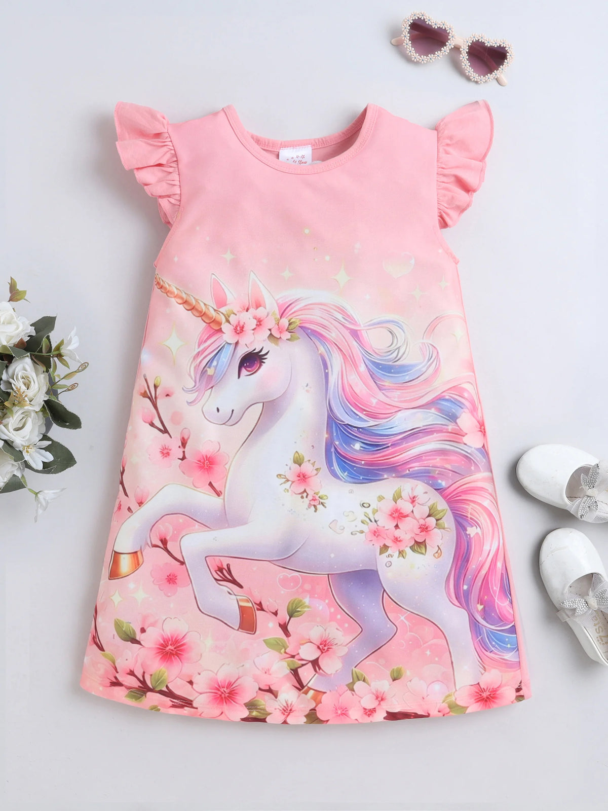 Bright Stars KIDSWEAR Knits Unicorn Digital Printed Dress - Coral