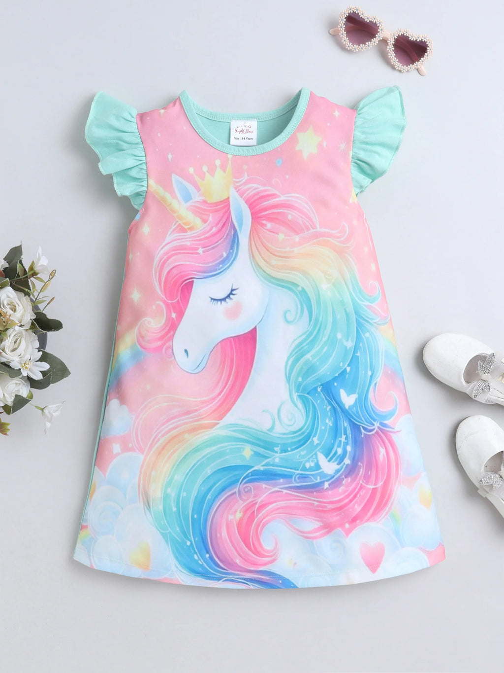 Bright Stars KIDSWEAR Knits Unicorn Digital Printed Dress - Green