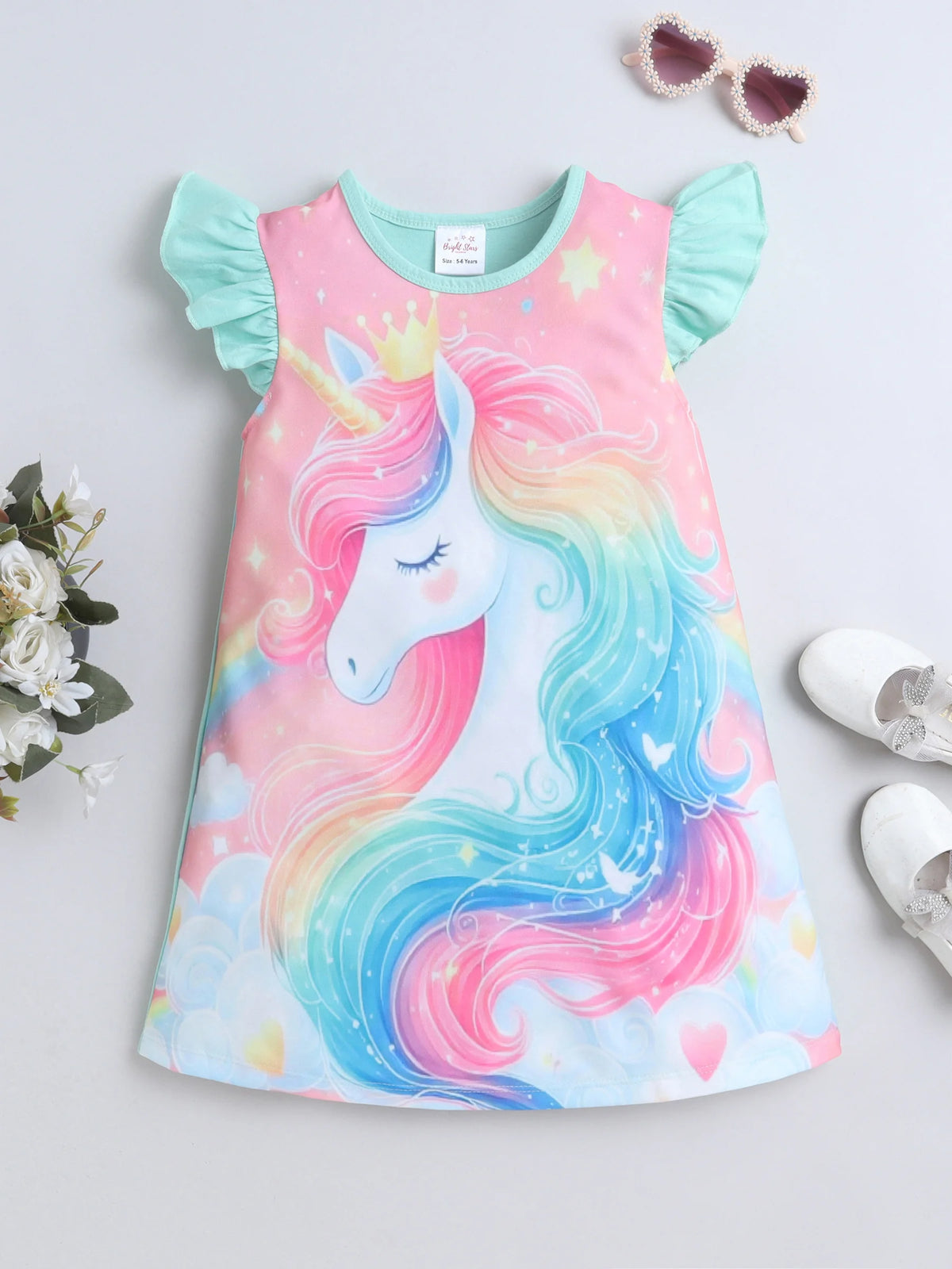 Bright Stars KIDSWEAR Knits Unicorn Digital Printed Dress - Green