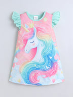 Bright Stars KIDSWEAR Knits Unicorn Digital Printed Dress - Green