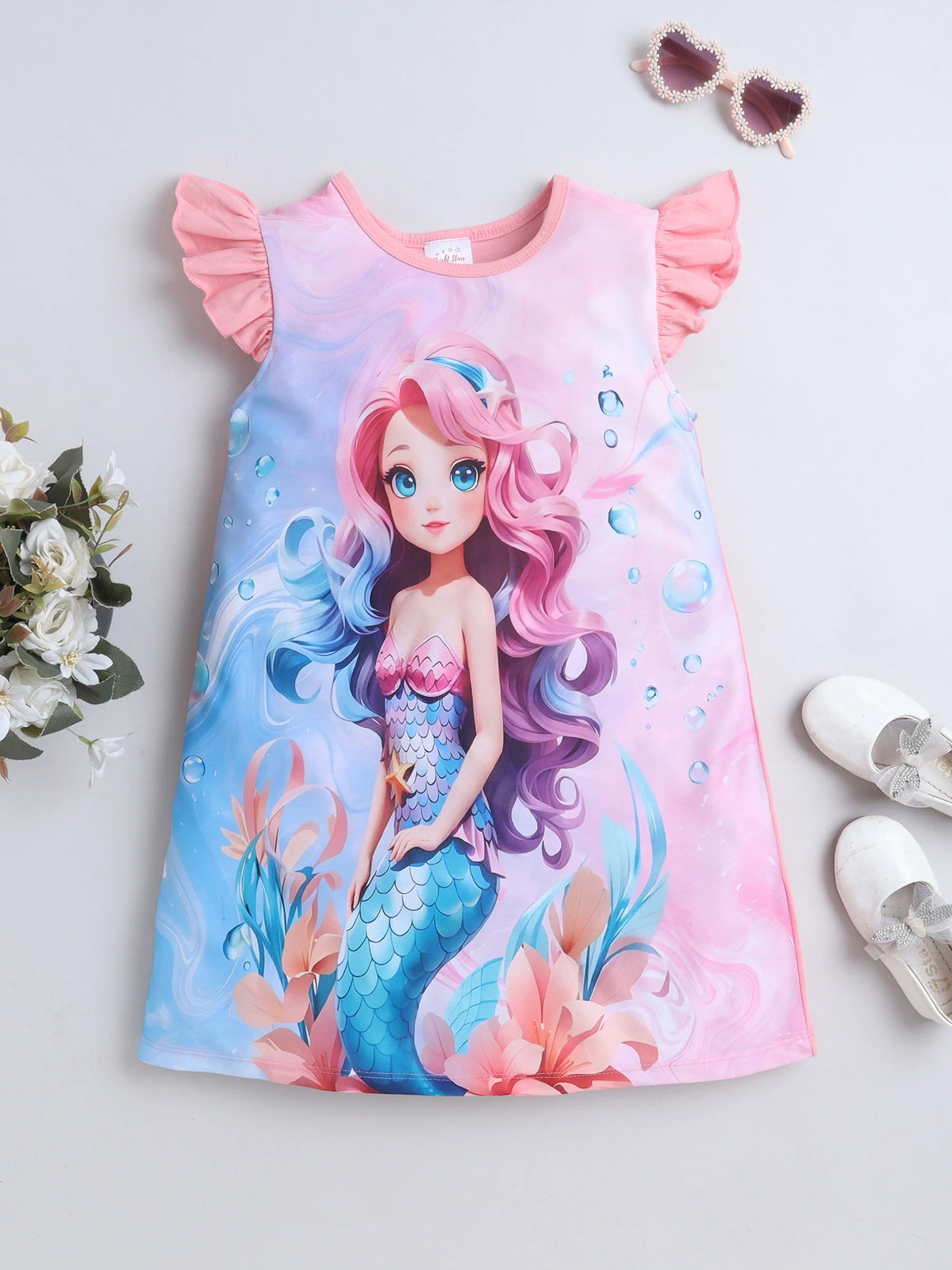 Bright Stars KIDSWEAR Knits Mermaid Digital Printed Dress - Coral