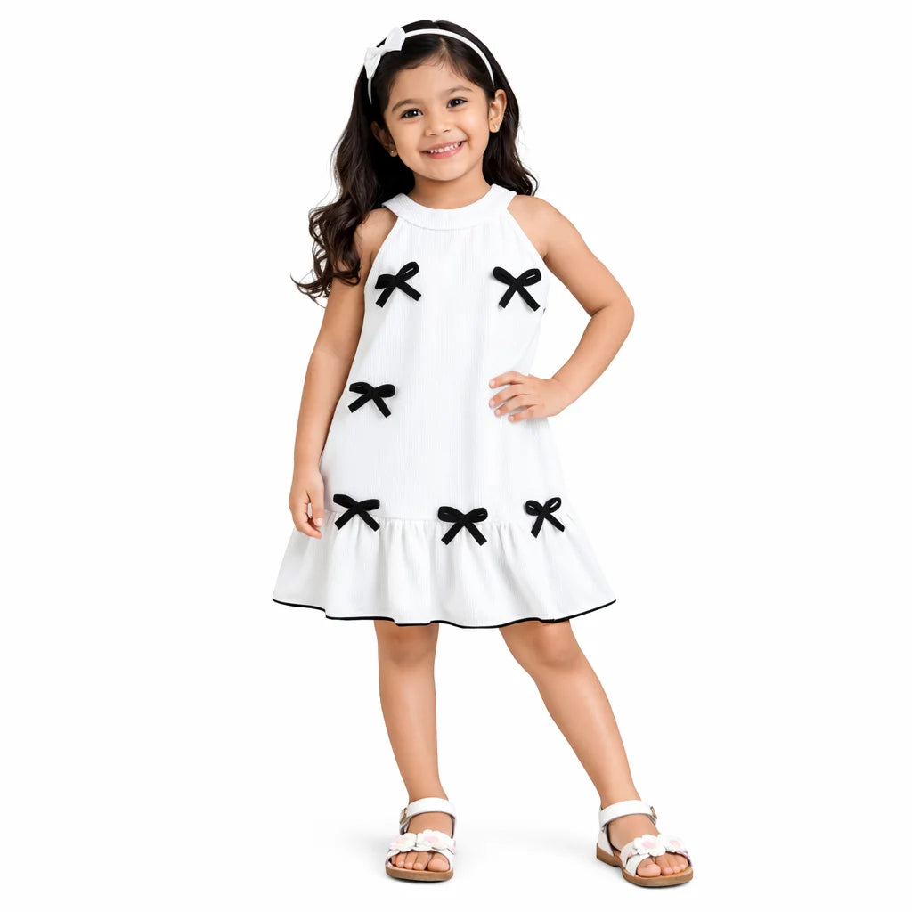 Girls Casual Textured Dress with Contrast Bow Appliqu√© For Summer