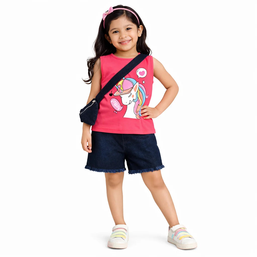 Bright Stars KIDSWEAR Cotton Single Jersey Sleeveless Unicorn Printed Tee With Denim Frey Shorts And Heart Shape Bag