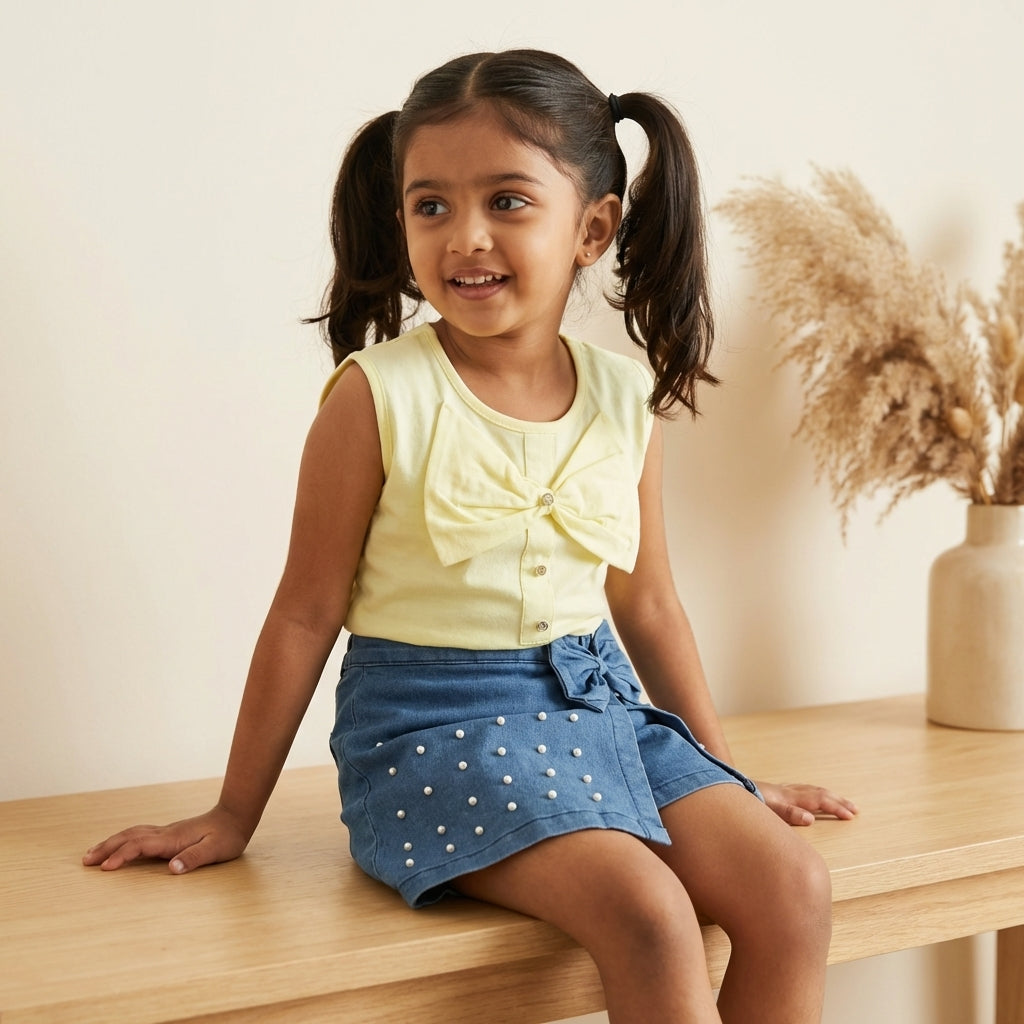 Pastel Bow Top & Pearl Denim Skort Set for Girls