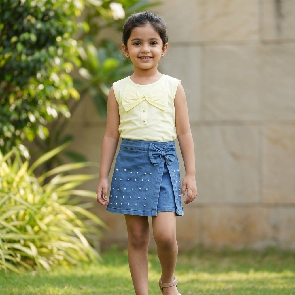 Pastel Bow Top & Pearl Denim Skort Set for Girls