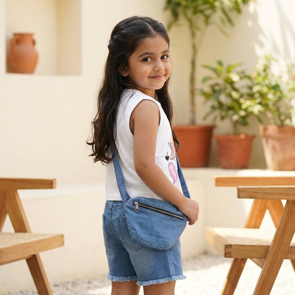 Pastel Bow Top & Pearl Denim Skort Set for Girls