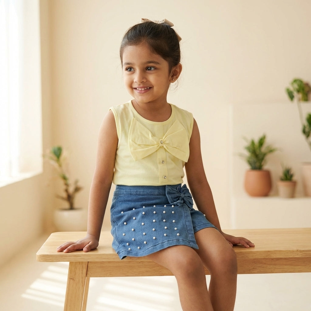 Pastel Bow Top & Pearl Denim Skort Set for Girls