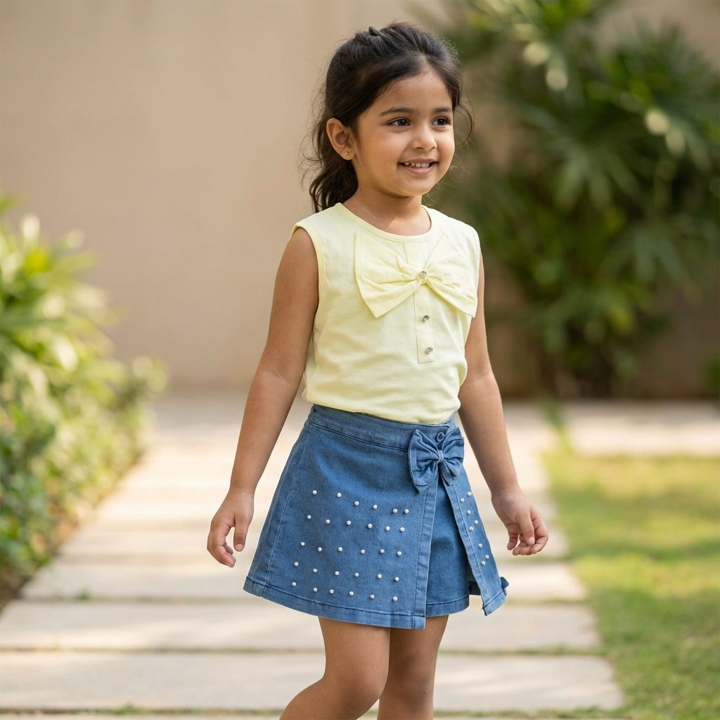 Pastel Bow Top & Pearl Denim Skort Set for Girls