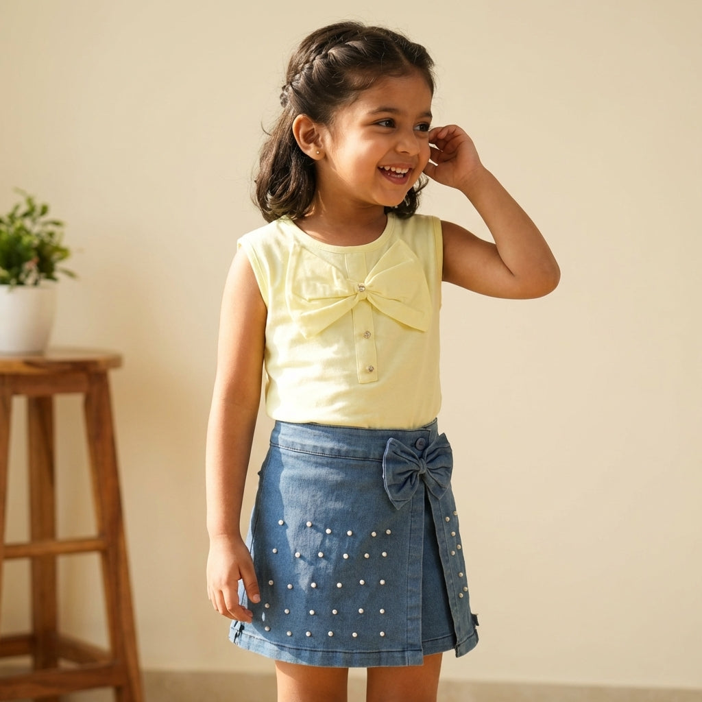 Pastel Bow Top & Pearl Denim Skort Set for Girls