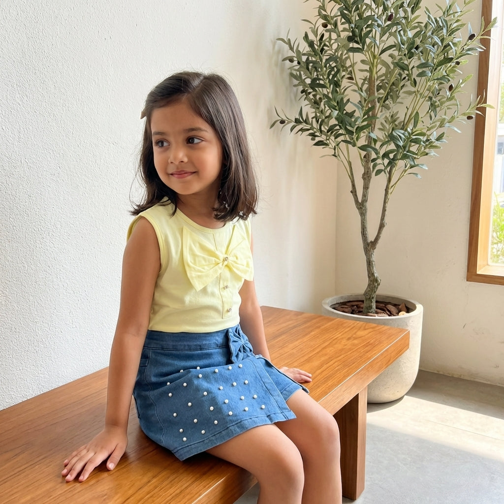 Pastel Bow Top & Pearl Denim Skort Set for Girls