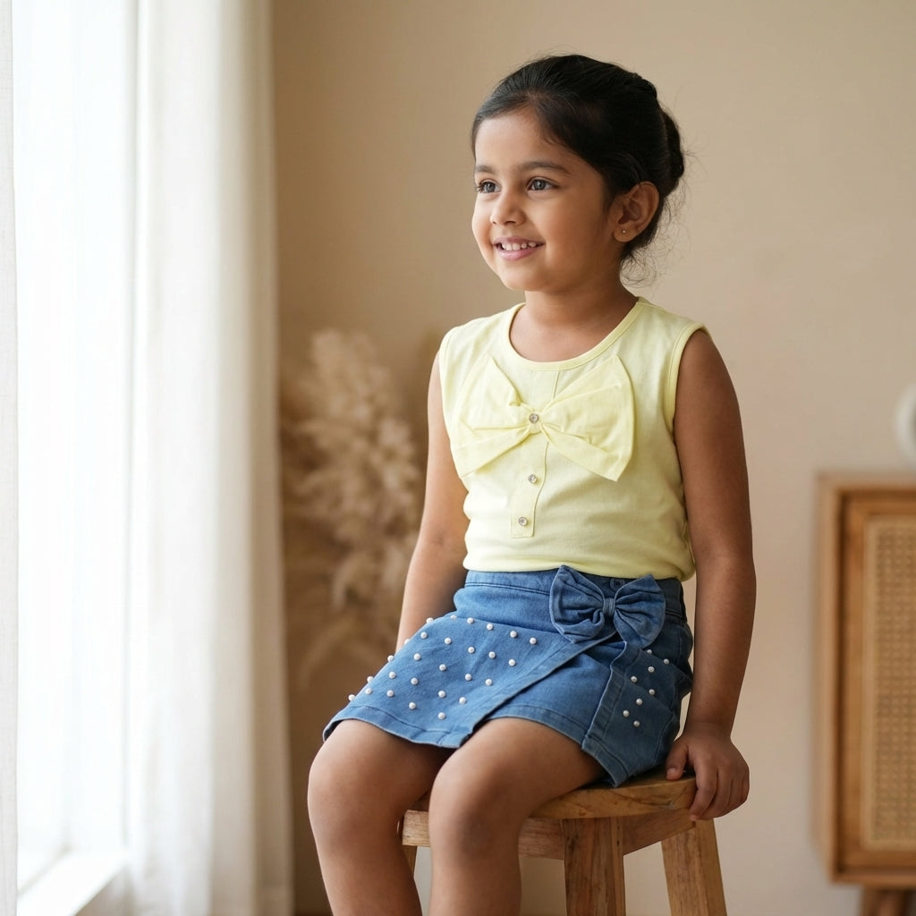 Pastel Bow Top & Pearl Denim Skort Set for Girls