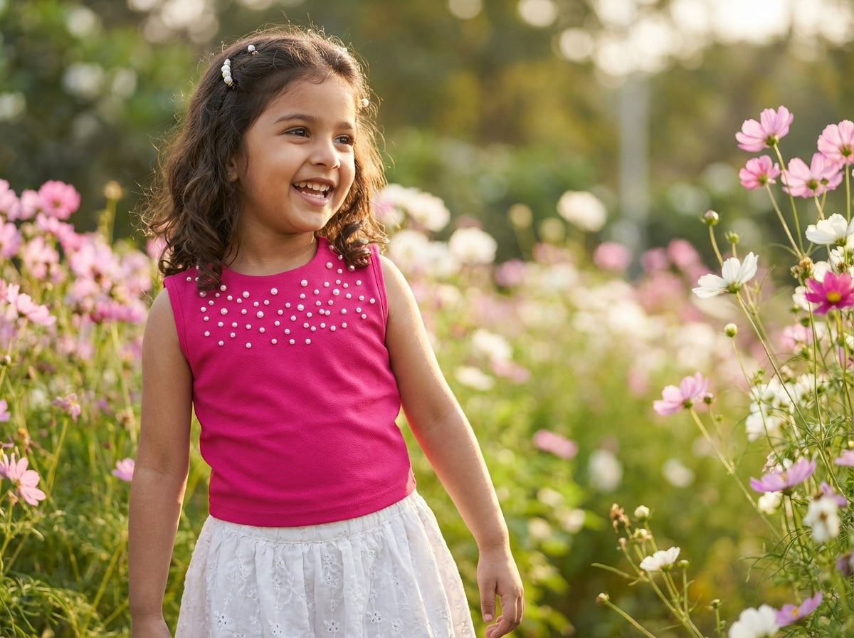 Fuchsia Pearl Top & Tulle Skirt Dress for Girls