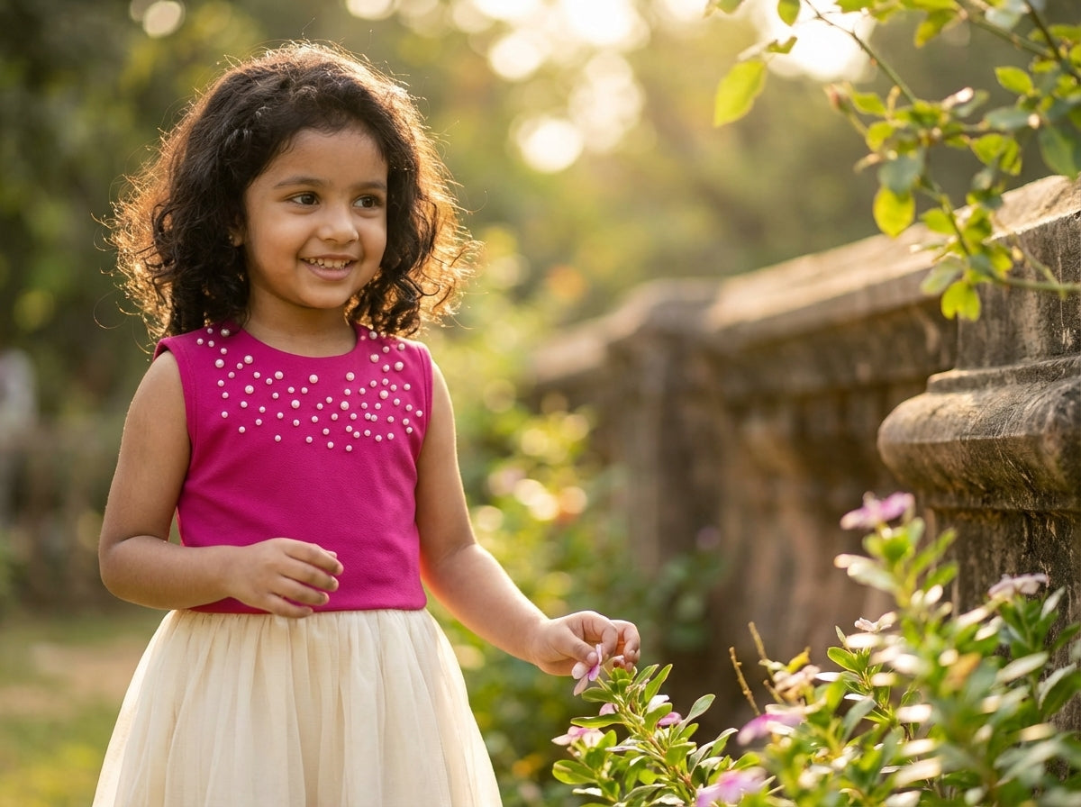 Fuchsia Pearl Top & Tulle Skirt Dress for Girls