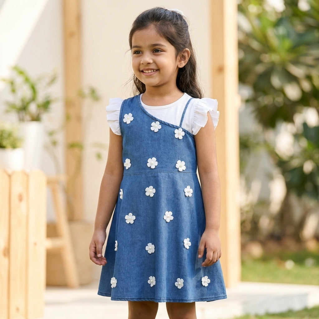 Denim Daisy Embroidered Dress for Girls