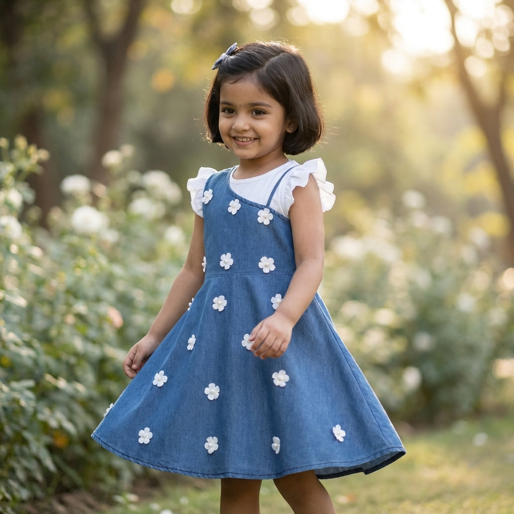 Denim Daisy Embroidered Dress for Girls