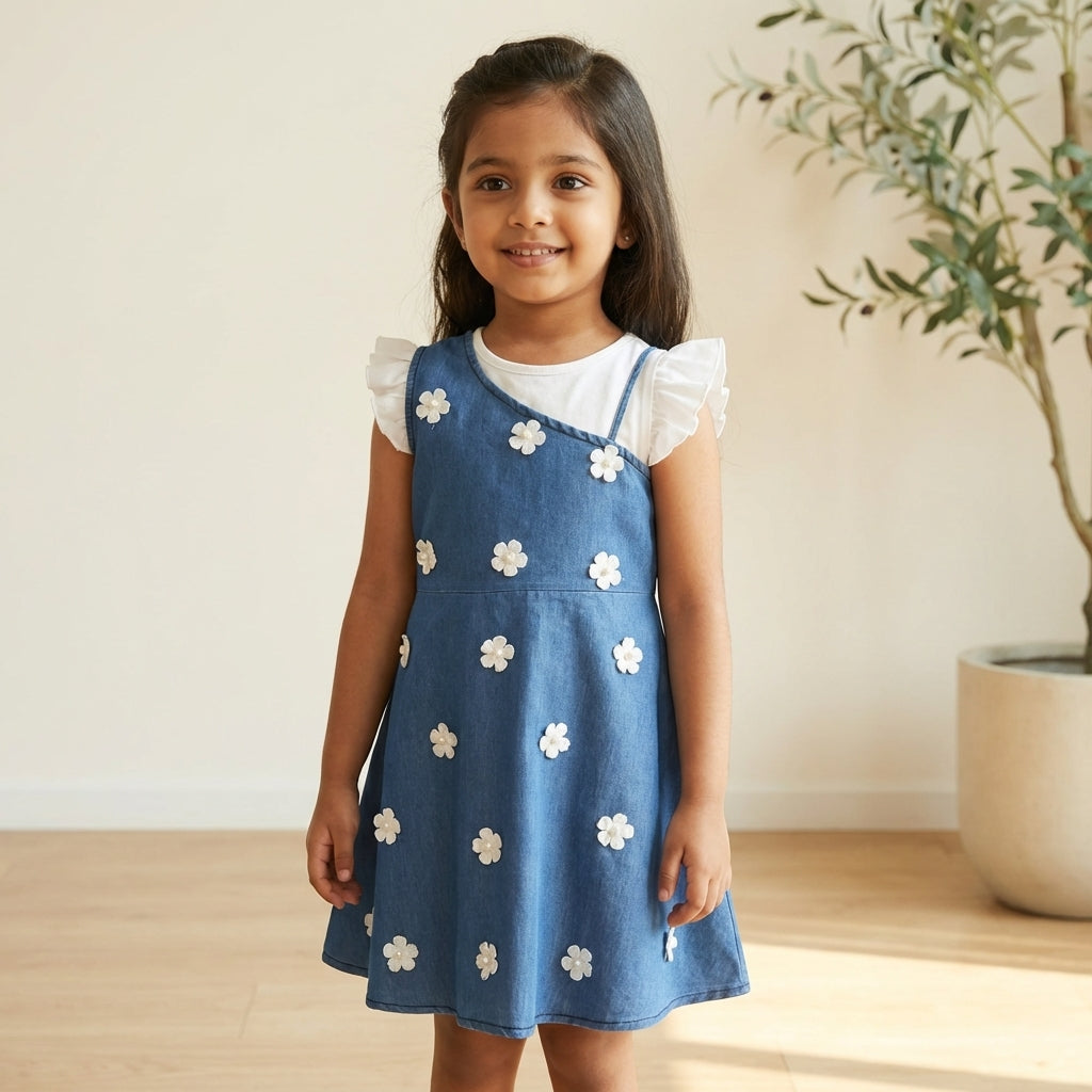 Denim Daisy Embroidered Dress for Girls