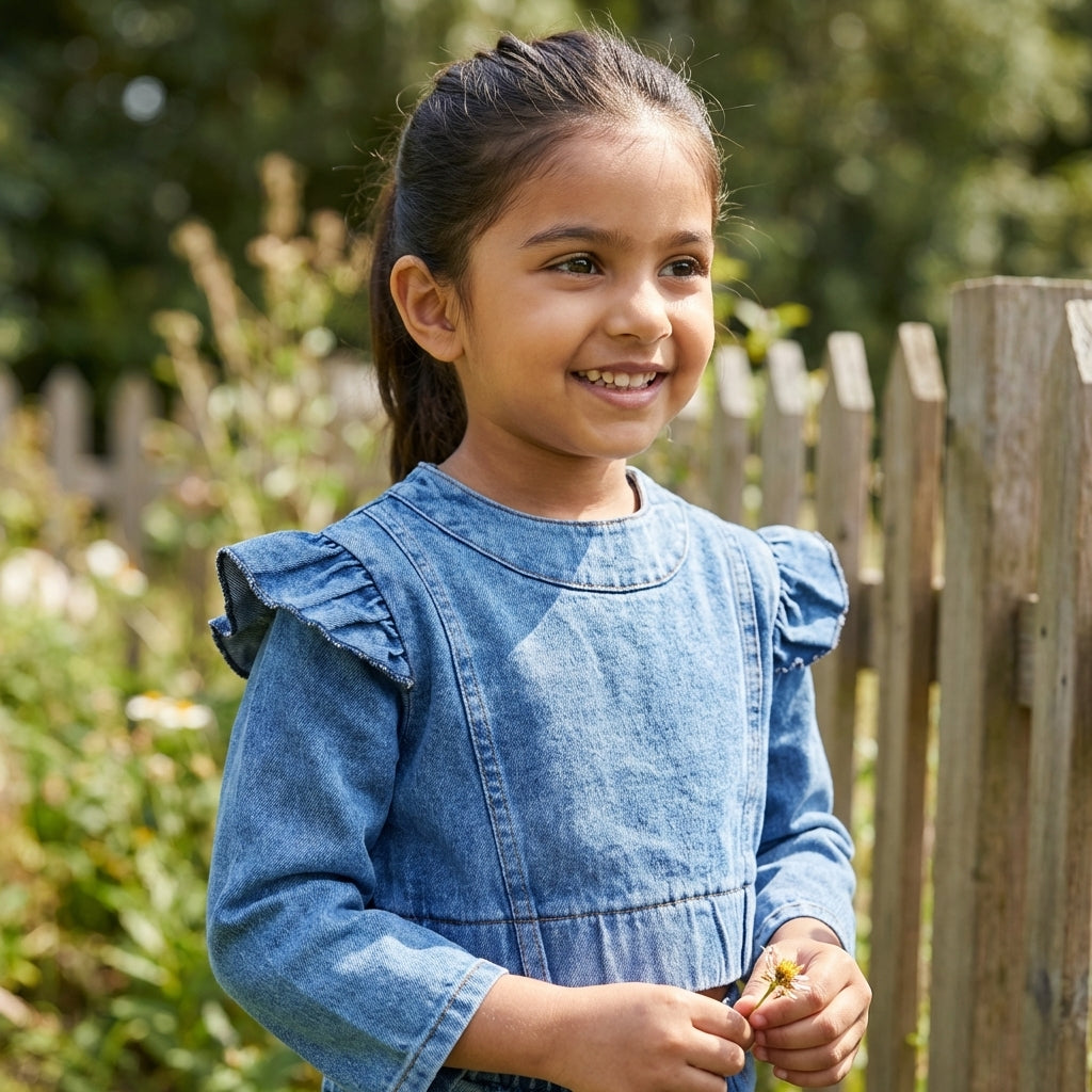Classic Denim Ruffle Sleeve Dress for Girls