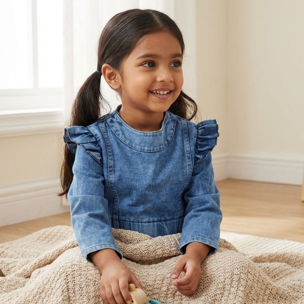 Classic Denim Ruffle Sleeve Dress for Girls