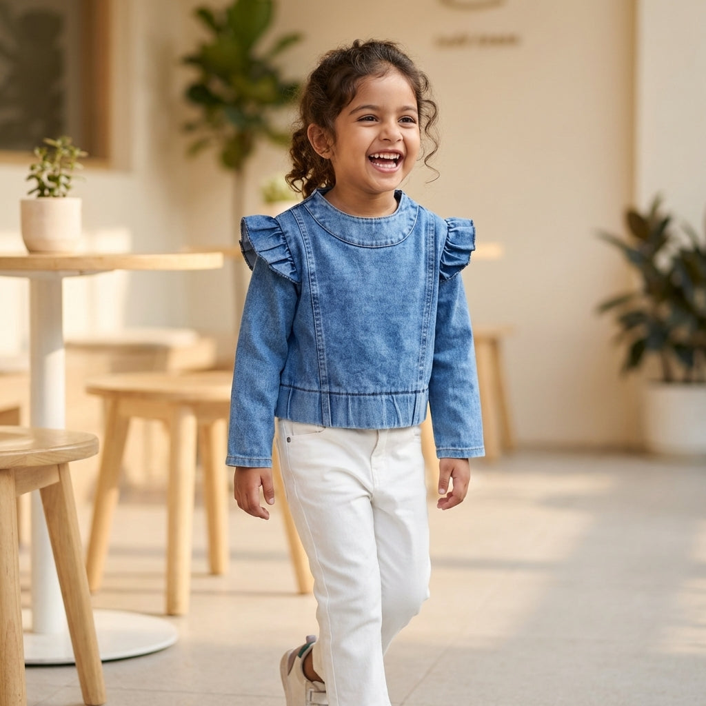 Classic Denim Ruffle Sleeve Dress for Girls