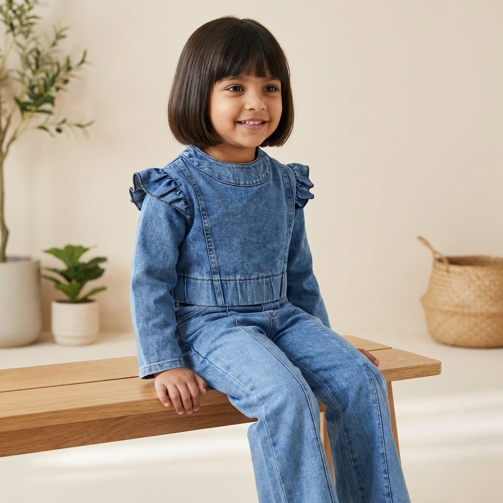 Classic Denim Ruffle Sleeve Dress for Girls