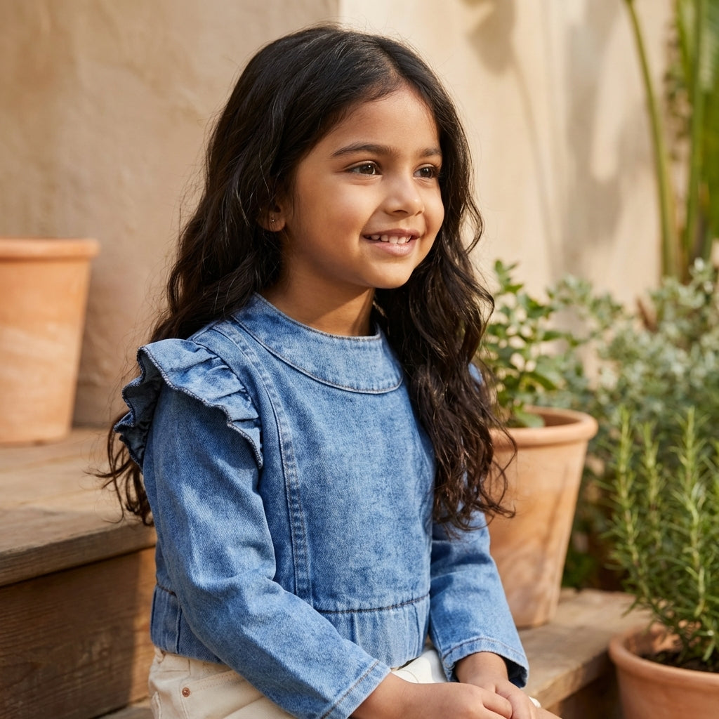 Classic Denim Ruffle Sleeve Dress for Girls