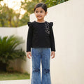 Midnight Pearl Ruffle Top & Bow Denim Set for Girls