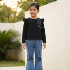 Midnight Pearl Ruffle Top & Bow Denim Set for Girls