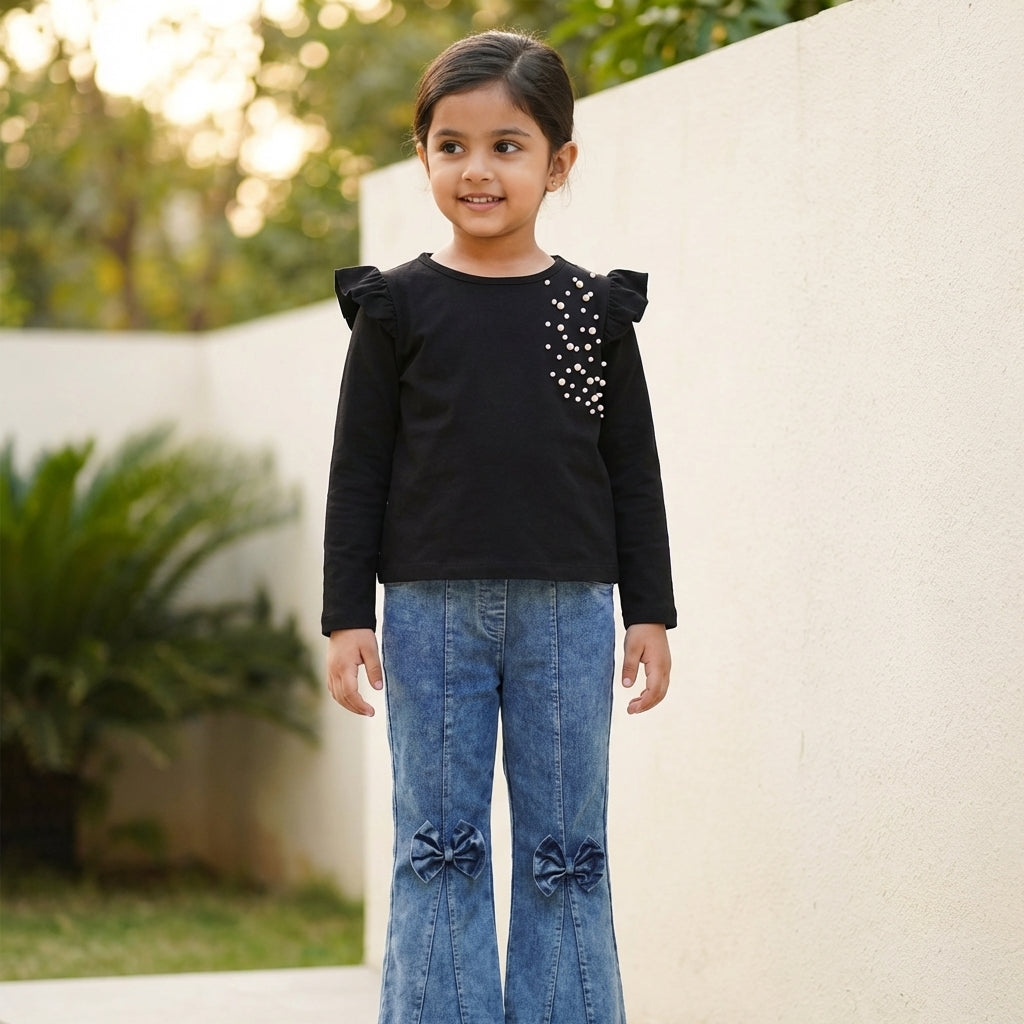 Midnight Pearl Ruffle Top & Bow Denim Set for Girls