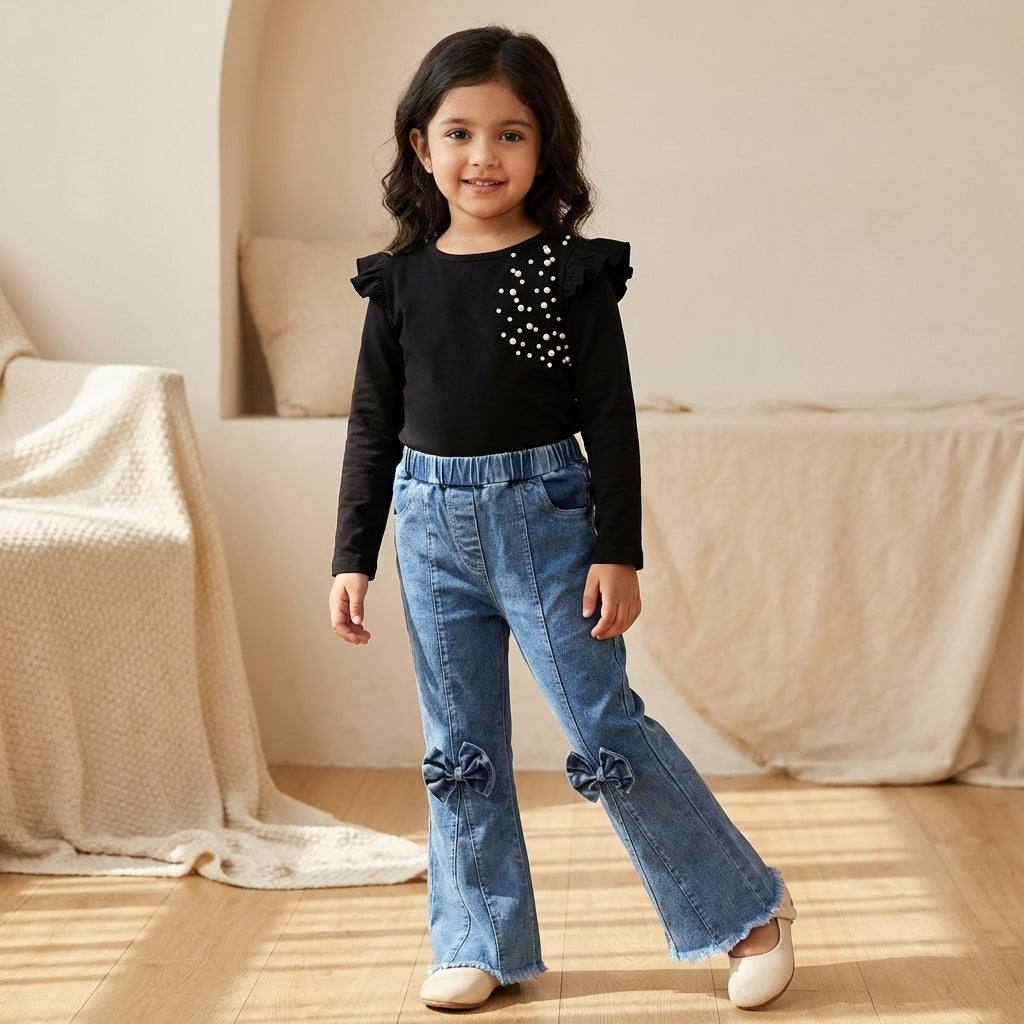 Midnight Pearl Ruffle Top & Bow Denim Set for Girls