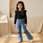 Midnight Pearl Ruffle Top & Bow Denim Set for Girls
