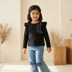 Midnight Pearl Ruffle Top & Bow Denim Set for Girls