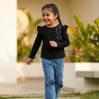 Midnight Pearl Ruffle Top & Bow Denim Set for Girls