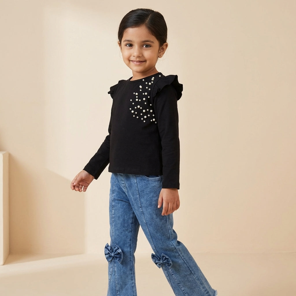 Midnight Pearl Ruffle Top & Bow Denim Set for Girls
