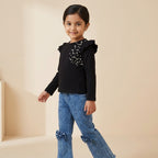 Midnight Pearl Ruffle Top & Bow Denim Set for Girls