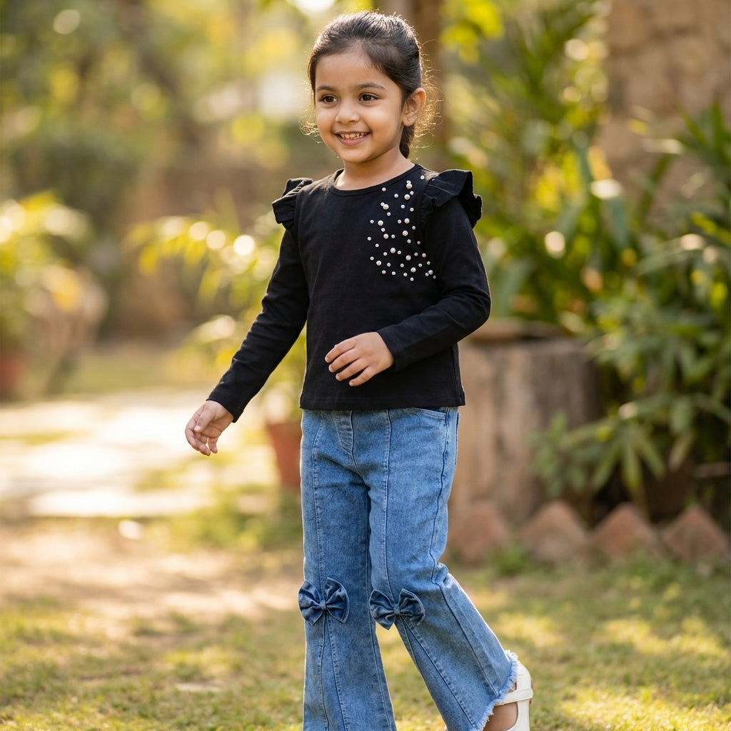 Midnight Pearl Ruffle Top & Bow Denim Set for Girls
