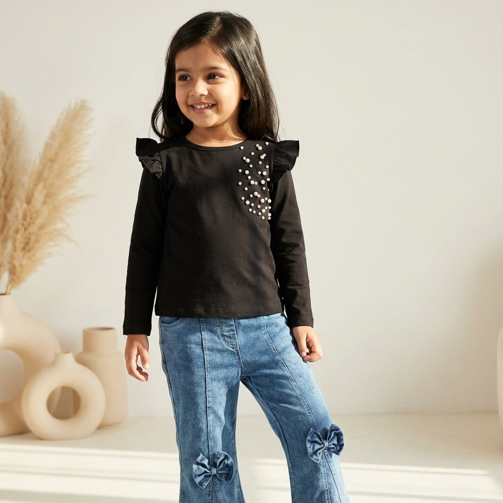 Midnight Pearl Ruffle Top & Bow Denim Set for Girls