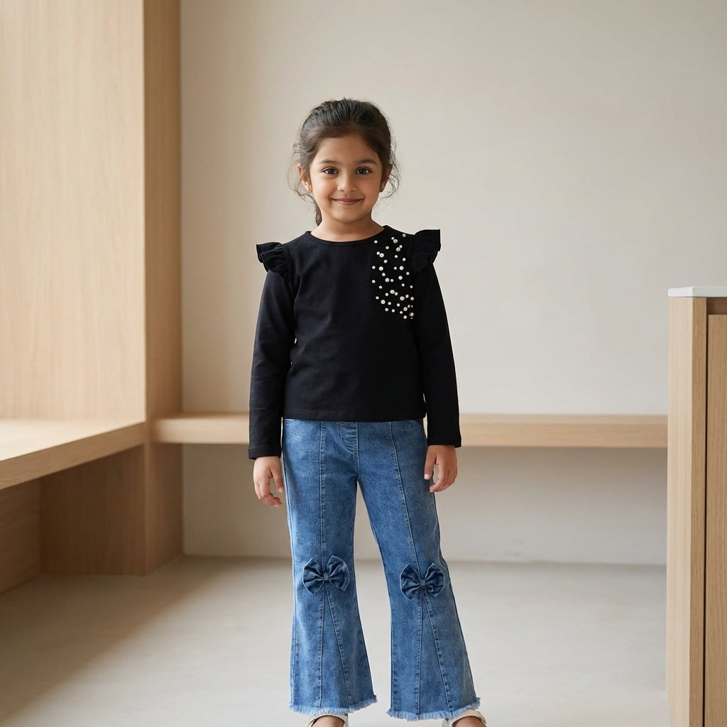 Midnight Pearl Ruffle Top & Bow Denim Set for Girls