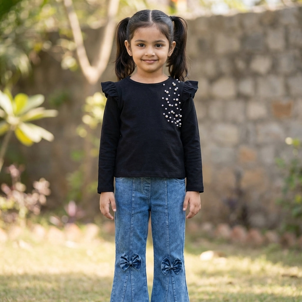 Midnight Pearl Ruffle Top & Bow Denim Set for Girls