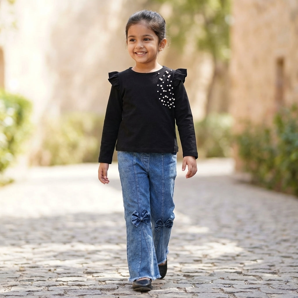 Midnight Pearl Ruffle Top & Bow Denim Set for Girls