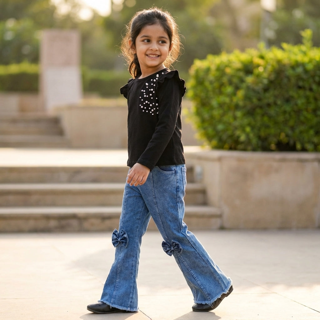 Midnight Pearl Ruffle Top & Bow Denim Set for Girls