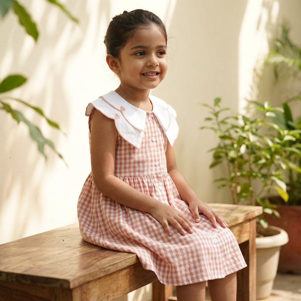 Peach Gingham Collar Dress for Girls