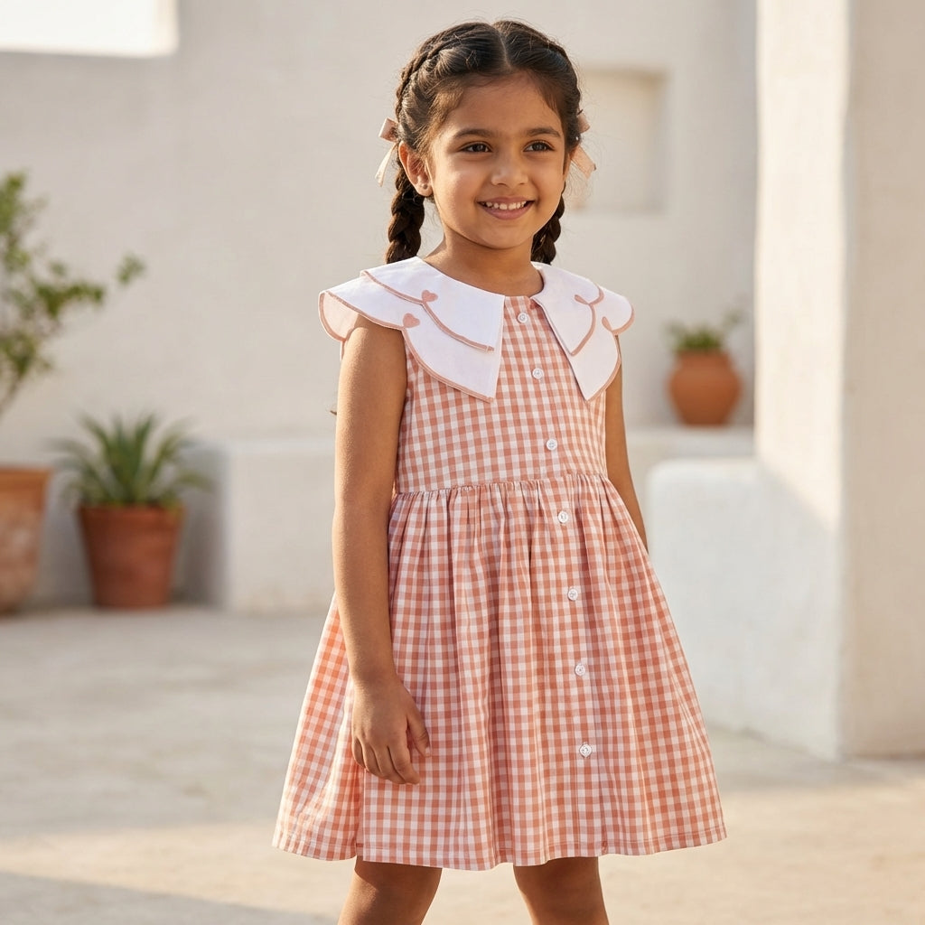 Peach Gingham Collar Dress for Girls