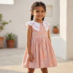 Peach Gingham Collar Dress for Girls
